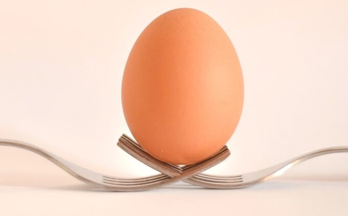 brown egg sitting upright, resting in two forks that have had their tines crossed